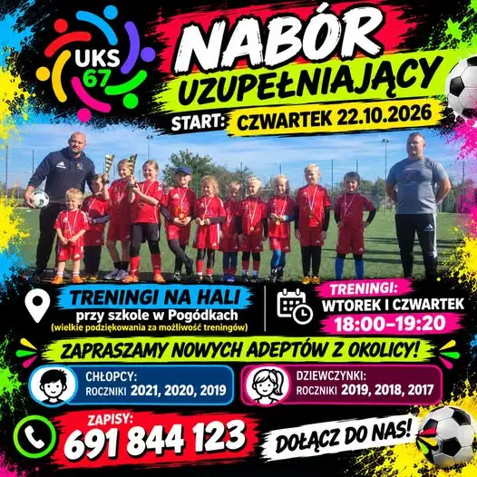 UKS 67 ogłasza nabór uzupełniający – zimowe treningi w hali w Pogódkach
