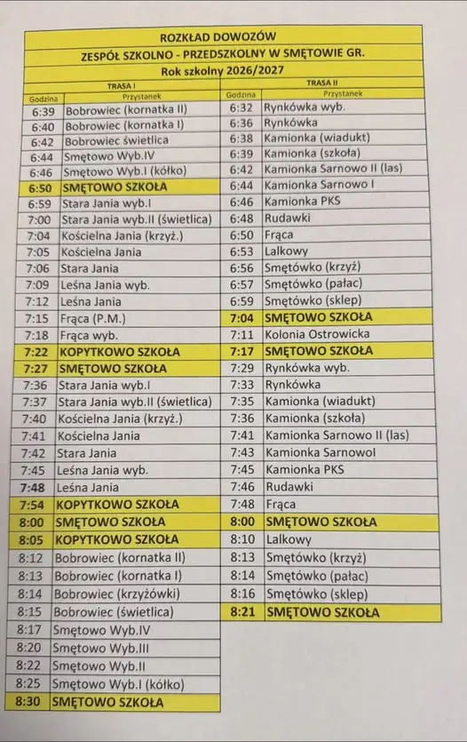 Zmiana rozkładu dowozów do Zespołu Szkolno-Przedszkolnego w Smętowie od 2 listopada