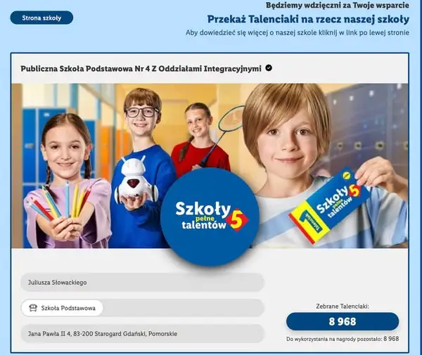 Szkoła Podstawowa im. Juliusza Słowackiego w Starogardzie Gdańskim zbiera Talenciaki do 15 listopada